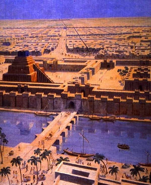 Illusztráció: Babilon városa "madártávlatból", a Marduk-szentéllyel és a várost átszelő Marduk-úttal