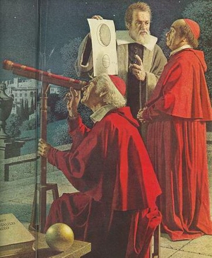 Galilei távcsöves bemutatóval igyekszik meggyőzni az Egyház képviselőit a heliocentrikus világkép helyességéről
