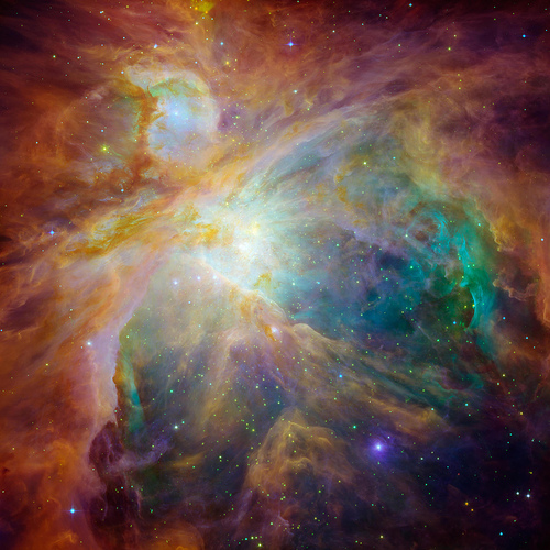 Galaxisunk egyik legaktvabb csillagkeletkezsi terlete, az Orion-kd egy rszlete a Spitzer infravrs–űrtvcső felvteln